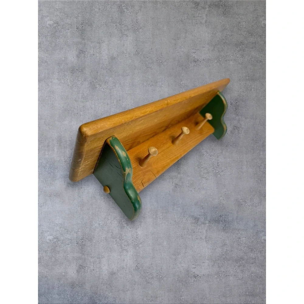 Idle Hands Wood Wall Shelf 18 Inch Brown Green 3 Peg Farmhouse Rack